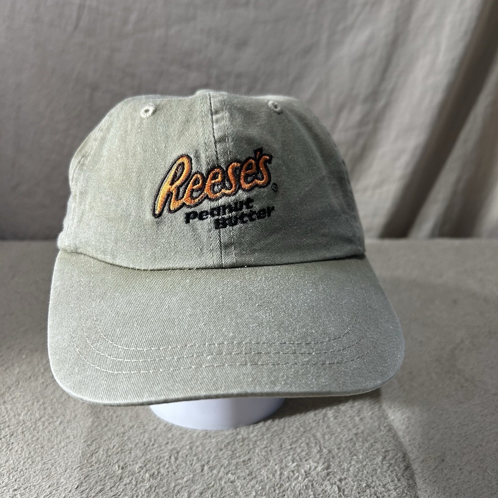Vintage Reese's Peanut Butter Embroidered Strapback Hat Adams Cap Khaki Green